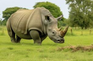 ai generato Sud africano rinoceronte pascolo. ai generato foto