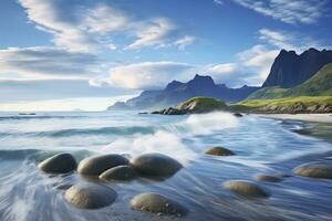 ai generato uttakleiv spiaggia, con drammatico montagne e picchi, Aperto mare e riparato baie, spiagge e intatto terre. ai generato foto