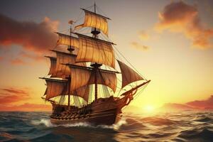 ai generato pirata nave andare in barca su il oceano a tramonto. Vintage ▾ crociera. ai generato foto