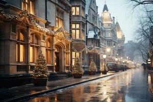 ai generato inverno paesaggio urbano neve coperto strade foderato con storico edifici ornato con festivo luci e decorazioni foto