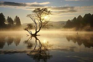 ai generato Wanaka solitario salice albero quale è situato appena via di il lago costa. ai generato foto