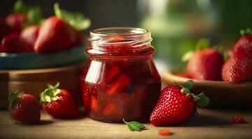 ai generato fragola marmellata e fresco frutti di bosco. generativo ai foto