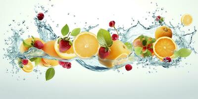 ai generato turbine acqua spruzzo con frutta. liquido flusso con ghiaccio cubi e un' mescolare di fresco frutta. generativo ai foto