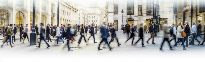 ai generato a piedi persone sfocatura. molte di persone camminare nel il città di Londra. largo panoramico Visualizza di persone attraversamento il strada. ai generato foto