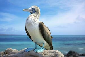 ai generato il raro dai piedi azzurri tonto riposa su il spiaggia. ai generato foto