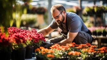 ai generato privato giardiniere mantenimento vivere fiore letti a un' giardino centro. generativo ai foto