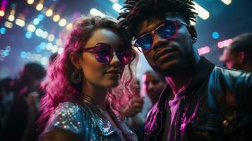 ai generato persone danza sotto neon luci nel un' vivace discoteca durante il notte. generativo ai foto