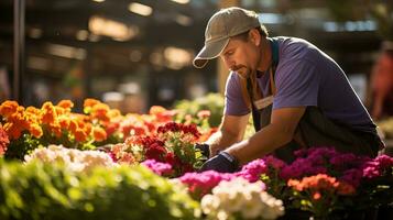 ai generato privato giardiniere mantenimento vivere fiore letti a un' giardino centro. generativo ai foto