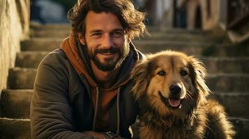 ai generato allegro uomo pose con il suo cane su il passaggi di il città. generativo ai foto