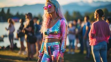 ai generato giovane donna vestito nel vivace anni 80 moda di il lago. generativo ai foto