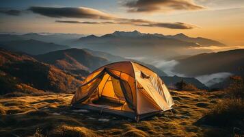 ai generato un' solitario tenda su superiore di il montagna. generativo ai foto