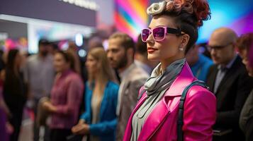 ai generato persona vestito nel vivace retro-futuristico anni 80 moda. generativo ai foto