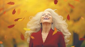 ai generato contento vecchio donna, immersa nel autunno, passeggiate allegramente attraverso il le foglie. generativo ai foto