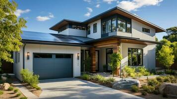 ai generato sostenibile Casa concetto attrezzata con solare pannelli. generativo ai foto