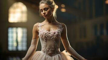 ai generato elegante ballerina, a metà piroetta, nel un' illuminata dal sole danza studio. generativo ai foto