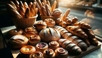 ai generato appena al forno pane e pasticcini visualizzato nel un' di panetteria finestra. generativo ai foto