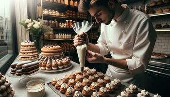 ai generato il Pasticcino capocuoco sapientemente spreme il crema su il eclairs nel il suo cucina. generativo ai foto