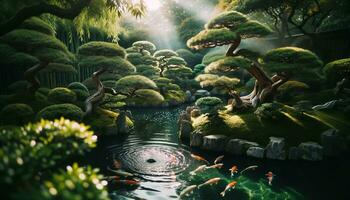 ai generato koi pesce nuoto liberamente nel un' stagno nel un' giapponese giardino decorato con Bonsai alberi. generativo ai foto