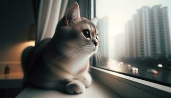 ai generato gatto arroccato su il finestra davanzale, intensamente Guardando il mondo fuori. generativo ai foto