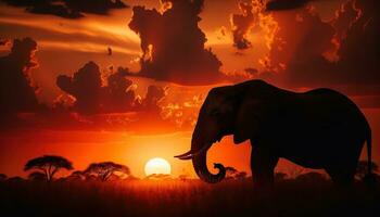 ai generato il silhouette di un elefante in piedi alto contro il africano tramonto. generativo ai foto