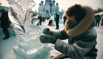 ai generato un artista crea intricato ghiaccio sculture durante un' inverno Festival. generativo ai foto