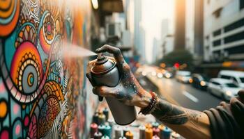 ai generato il strada artista giri il città parete in un' colorato tela. generativo ai foto