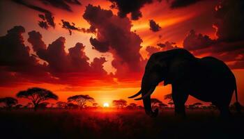 ai generato il silhouette di un elefante in piedi alto contro il africano tramonto. generativo ai foto