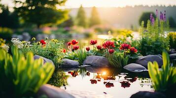 ai generato magnifico Visualizza di fiori nel il giardino sotto il mattina sole. generativo ai foto