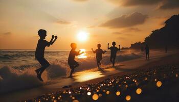 ai generato bambini giocando con gioia su il spiaggia a tramonto. generativo ai foto