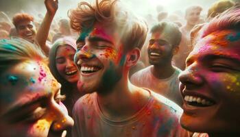 ai generato il facce di allegro persone partecipando nel il holi Festival siamo coperto con polvere nel occhiali da sole di rosa, blu, giallo e verde. generativo ai foto