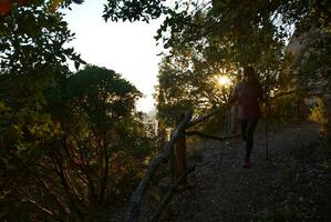 donna passeggiate e esplora nel il montagne molto presto nel il mattina. foto