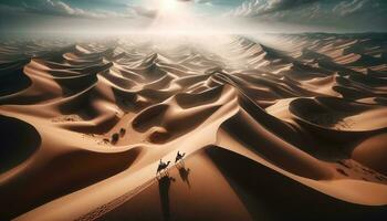 ai generato cammello ciclista nel il vasto deserto tra il largo sabbia dune. generativo ai foto