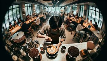 ai generato un' talentuoso barista crea latte macchiato arte nel un' caffè tazza nel un' bar. generativo ai foto