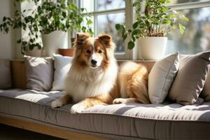 ai generato animale domestico su divano, moderno vivente camera interno, carino cane vicino divano, ai generativo foto