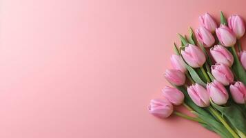 ai generato bellissimo composizione primavera fiori. mazzo di rosa tulipani fiori su pastello rosa sfondo, generativo ai. foto