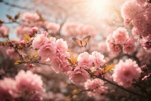 ai generato rosa sakura fiore giardino nel pieno fioritura, con grazioso farfalle svolazzante in giro e il morbido splendore di il sole filtraggio attraverso il le foglie foto