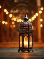 ai generato bellissimo ardente Arabo lanterna su di legno tavolo, Ramadan sfondo con copia spazio per testo foto