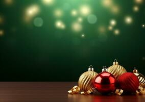 ai generato Natale palline su di legno tavolo e verde bokeh sfondo foto