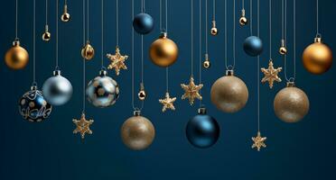 ai generato Natale sfondo con d'oro e blu palline foto