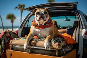 ai generato auto tronco con carino cane e bagaglio cane viaggio concetto generativo ai foto