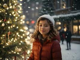 ai generato ritratto di un' donna nel inverno con Natale albero sfondo foto