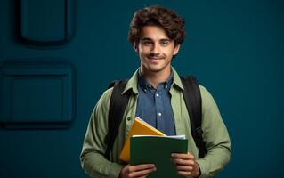 ai generato alunno sorridente con scuola Borsa e taccuino foto