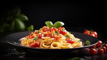 ai generato pasta con pomodoro salsa e basilico le foglie su un' nero sfondo foto