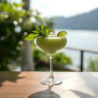 ai generato tailandese basilico daiquiri. cocktail con Ghiaccio, basilico e Limone fette. cocktail a il sbarra. crogiolarsi nel il caldo pomeriggio sole. il fondale è un' calma mare con un' bokeh effetto. foto