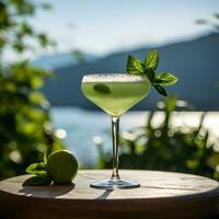 ai generato tailandese basilico daiquiri. cocktail con Ghiaccio, basilico e Limone fette. cocktail a il sbarra. crogiolarsi nel il caldo pomeriggio sole. il fondale è un' calma mare con un' bokeh effetto. foto