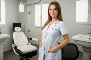 ai generato femmina attraente sexy medico in piedi nel il ufficio e sorridente a telecamera. generativo ai foto