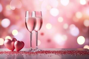 ai generato san valentino giorno rosa Champagne con rosa cuori su rosa bokeh sfondo foto