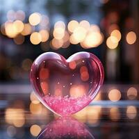 ai generato san valentino rosa bicchiere cuore su bokeh sfondo foto