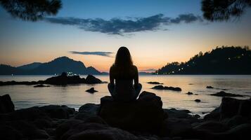 ai generato womans fare un' silenzioso meditazione di il spiaggia. generativo ai foto