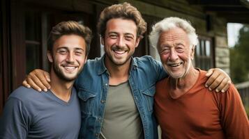ai generato allegro ritratto di tre generazioni di caucasico uomini, tutti sorridente. generativo ai foto